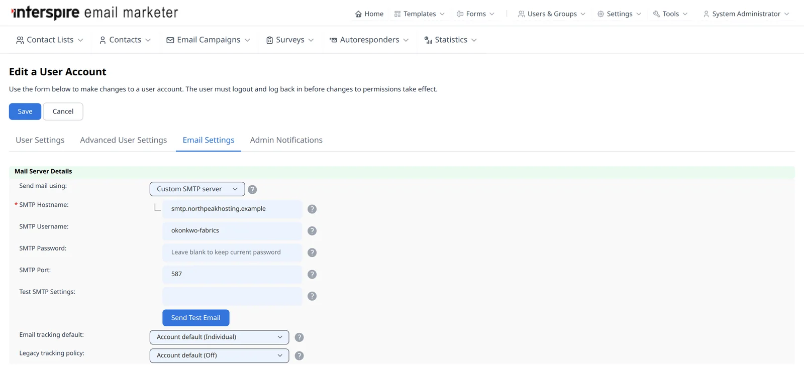 Customer account set to send through its own custom SMTP server
