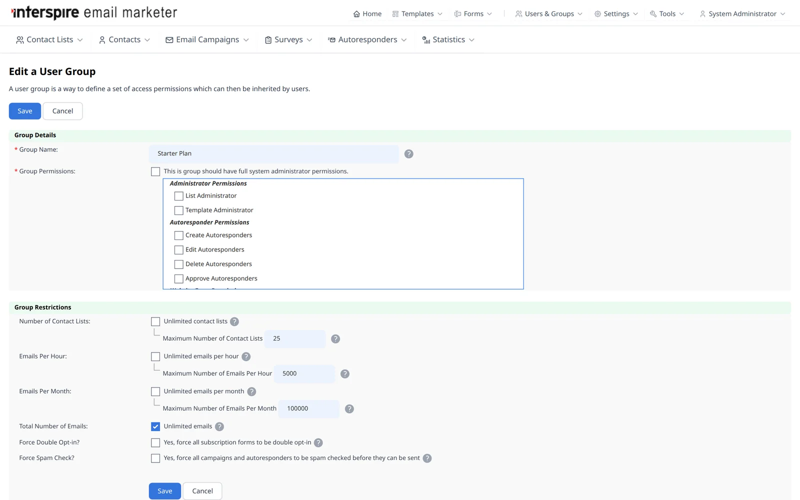 User group settings with contact list, hourly, and monthly sending limits for a Starter Plan