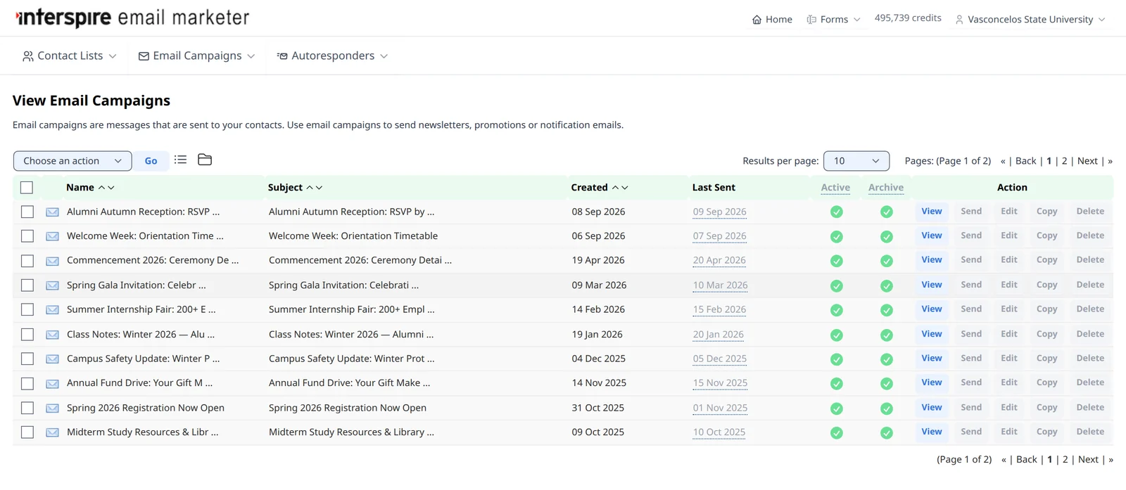 Email campaigns list for a university department account