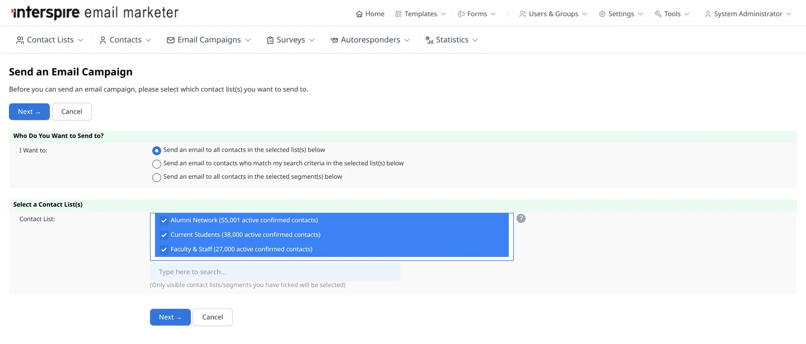 Sending one campaign to alumni, current students, and faculty and staff lists at once